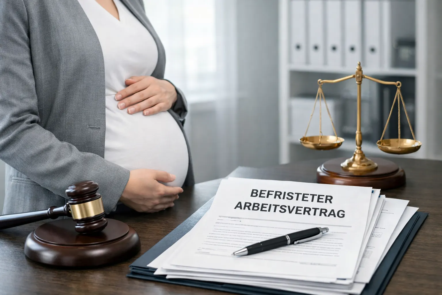 Eine schwangere Frau steht vor der Kündigung ihres befristeten Arbeitsvertrags.