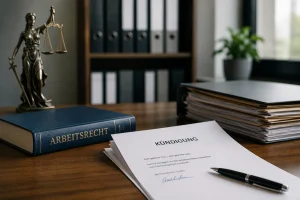 Eine Kündigung liegt auf einem Schreibtisch, daneben ein Buch zum Arbeitsrecht.
